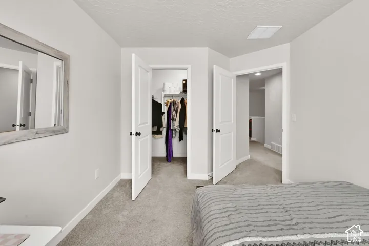 Neutral interior featuring carpeting, a walk-in closet with built-in shelving, two-panel interior doors with matte black hardware, and an attached rectangular mirror