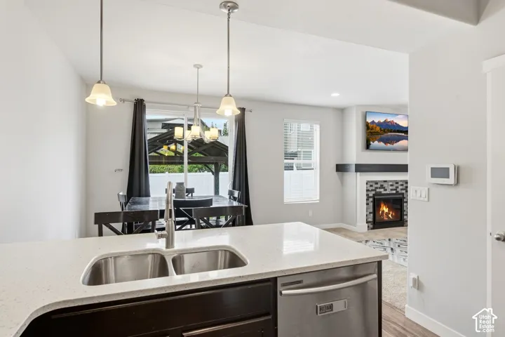 Kitchen island with double basin stainless steel sink and integrated dishwasher