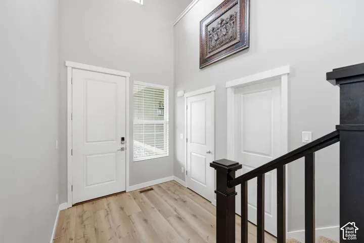 Light wood-finish flooring, white panel doors, and a black newel post and handrail with square balusters