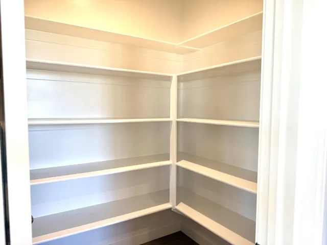 Expansive pantry featuring wrap-around shelving and a neutral color palette