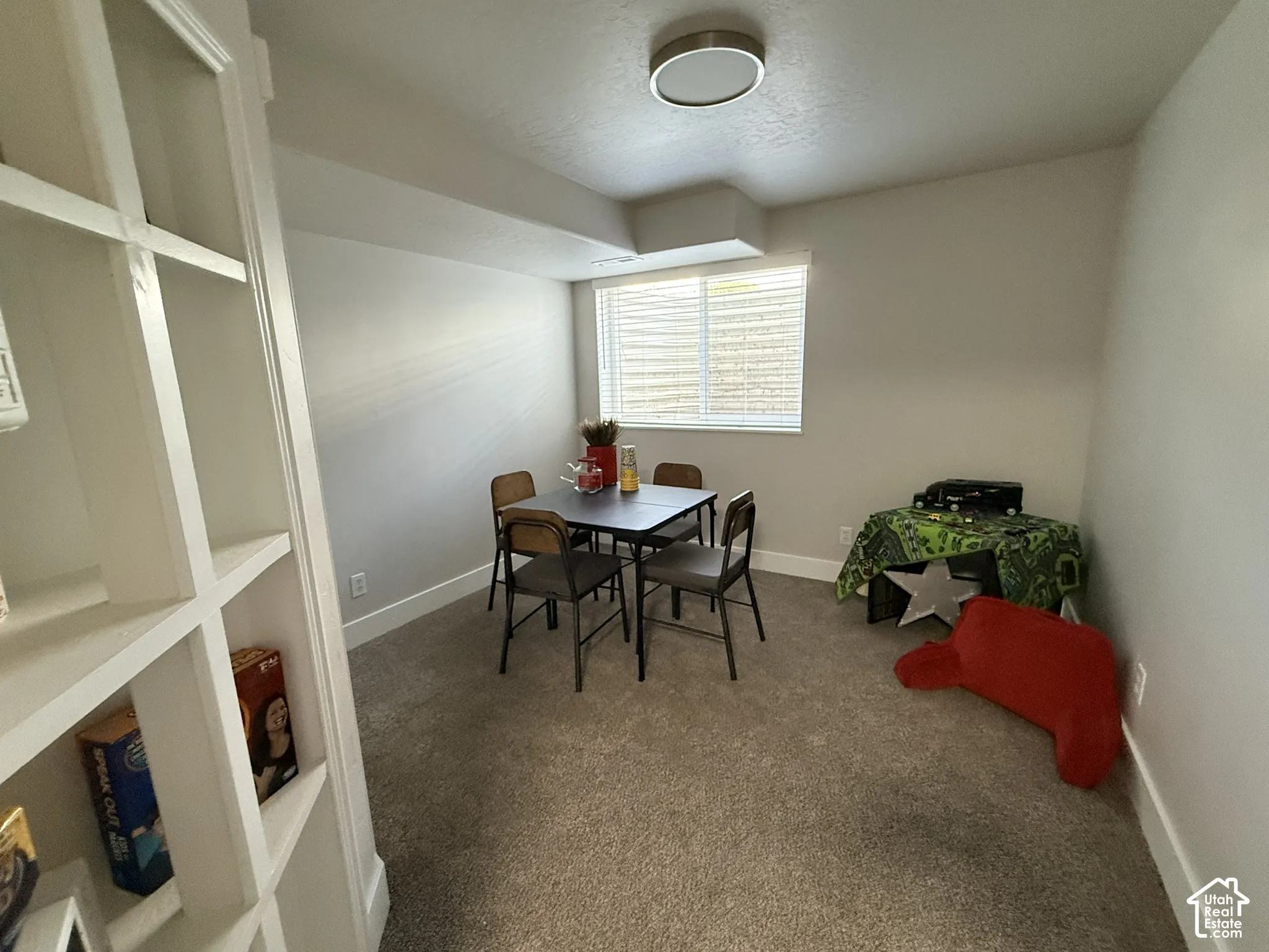 Carpeted room featuring built-in white shelving, a flush-mount circular ceiling fixture, and a window with horizontal blinds