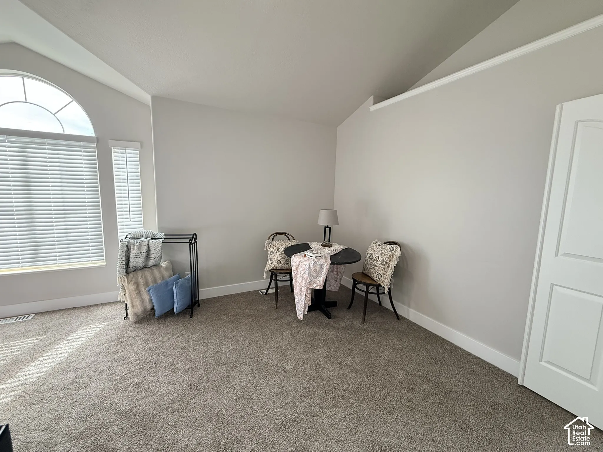 Vaulted ceiling, neutral wall tones, carpeted flooring, and an arched window with integrated blinds