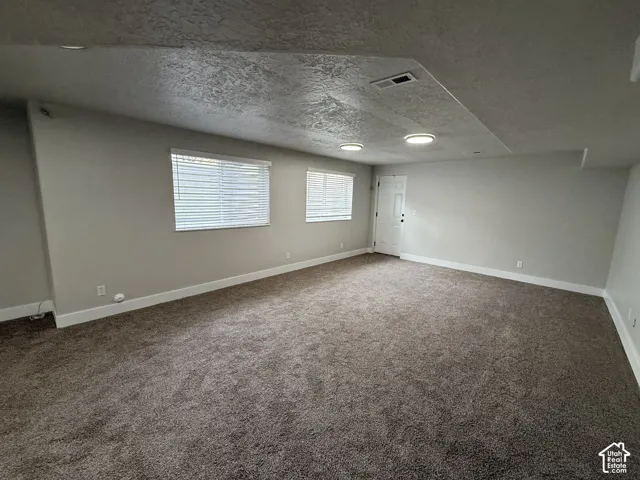 Neutral-toned interior space featuring wall-to-wall carpeting, recessed ceiling lighting, and two windows with horizontal blinds