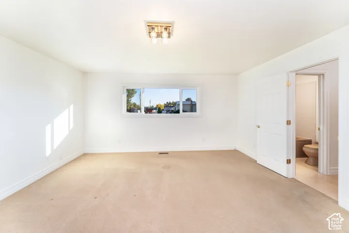 Spacious room featuring neutral carpeting, a large sliding window, a six-panel door, and a flush-mount industrial-style light fixture