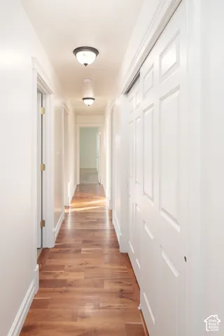 Hallway featuring wood-finish flooring, two flush-mount dome lights, and white multi-panel doors