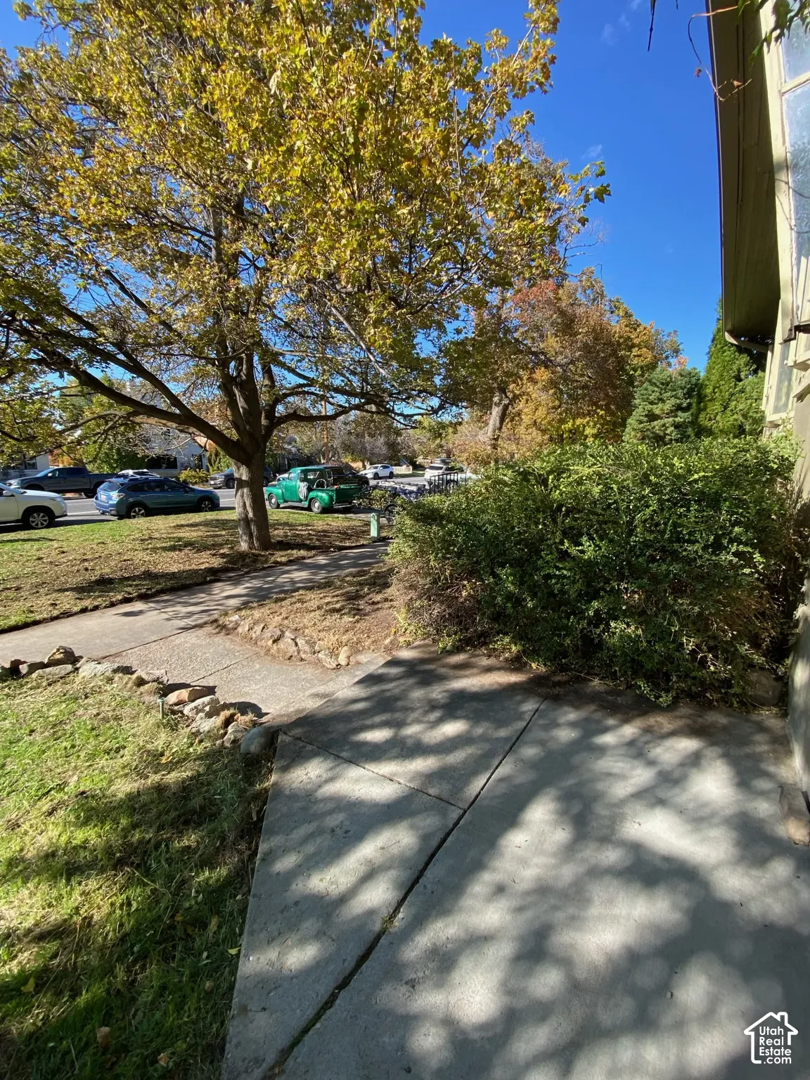 Front exterior featuring a concrete walkway, established deciduous trees, and mature landscaping