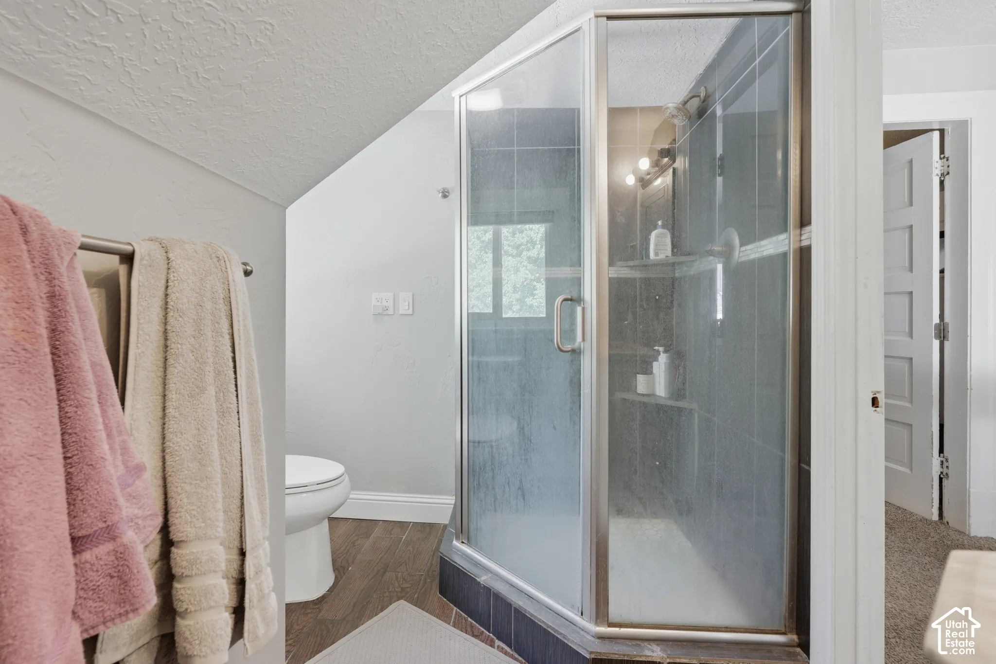 Corner shower stall with glass enclosure, integrated tile shelving, wood-finish flooring, and white porcelain toilet