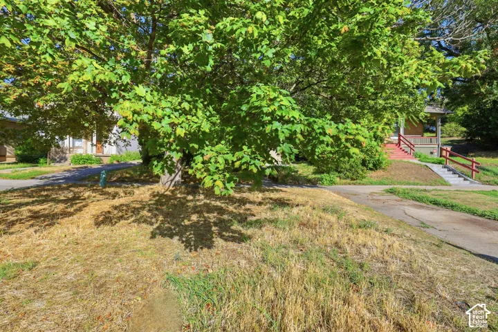 Mature trees, concrete walkways, and an elevated wooden porch with railings