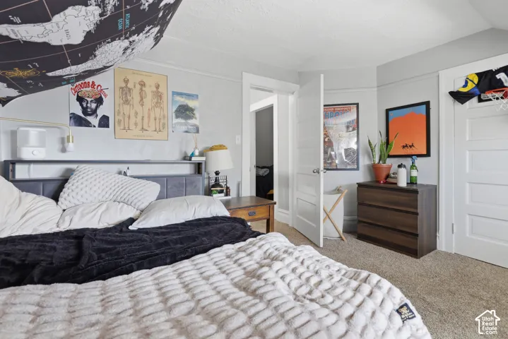 Interior room featuring neutral wall paint, carpeted flooring, and multi-panel solid-core interior doors with traditional trim