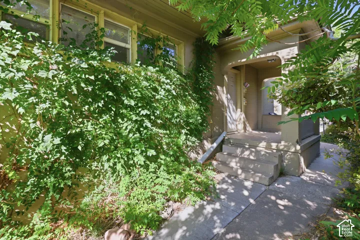 Covered entryway featuring a concrete stoop, recessed ceiling lighting, and multi-pane window frames