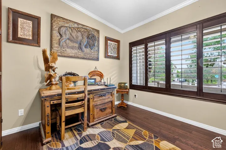 Room featuring dark wood-finish flooring, custom dark wood plantation shutters, and crown molding