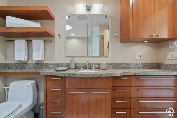 Wood-finish cabinetry with extensive drawer storage, stone countertop with integrated basin, polished metal hardware, dual-level floating shelving, and wall-mounted vanity lighting