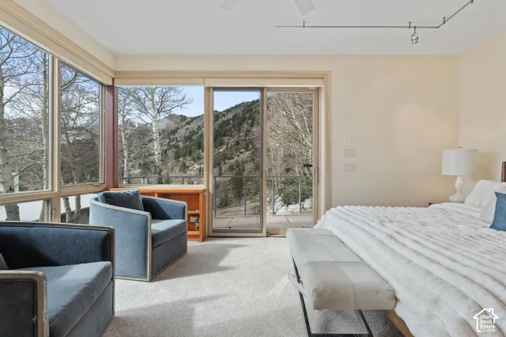 Floor-to-ceiling windows, sliding glass door with access to a balcony, track lighting, and mountain scenery