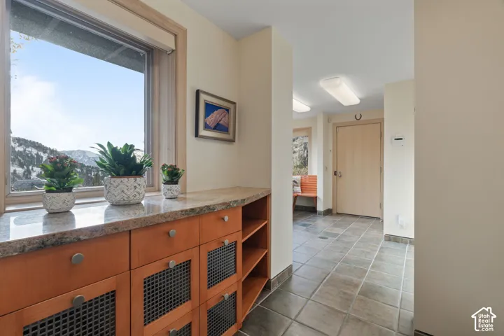 Entry area featuring stone-finish tile flooring, built-in wooden cabinetry with stone countertop, metal mesh cabinet inserts, and large window with mountain scenery