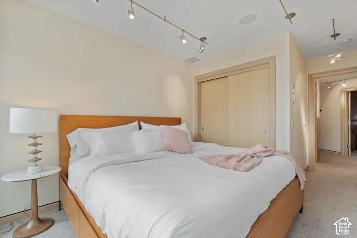 Sliding wood-finish closet doors, adjustable track lighting, neutral wall palette, and wall-to-wall carpeting