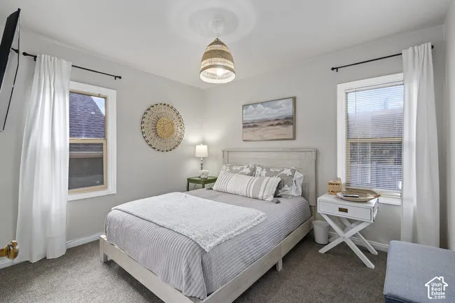 Carpeted flooring, two windows with blinds, a ceiling-mounted light fixture, and light-toned wall paint