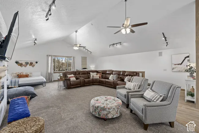 Vaulted ceiling with multiple ceiling fans and track lighting, wall-to-wall carpeting, and a window with exterior views