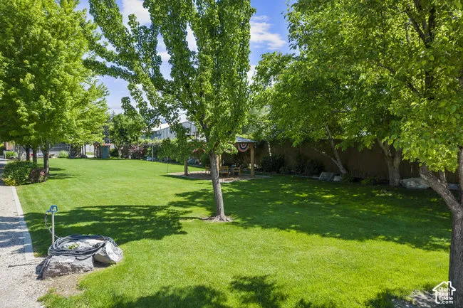Expansive grassy yard with mature trees, a wooden privacy fence, and a gazebo