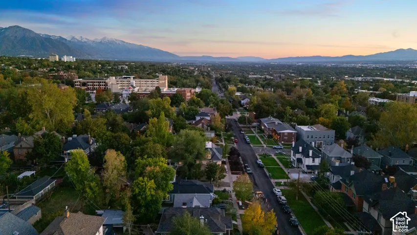Aerial perspective of a tree-lined residential neighborhood featuring prominent snow-capped mountain ranges under a sunset sky
