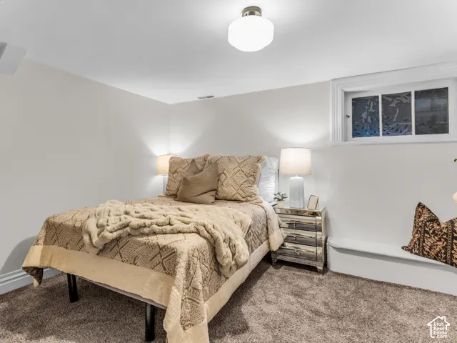 Neutral-toned room featuring plush wall-to-wall carpeting, recessed window with a built-in ledge, and a ceiling-mounted light fixture
