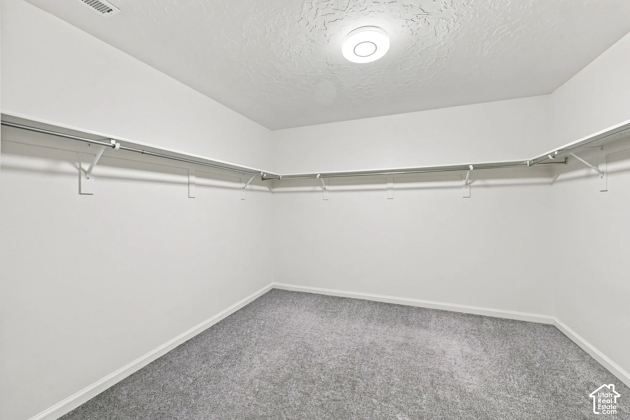 Walk-in closet featuring neutral carpeting, white walls, wraparound shelving, and a central ceiling-mounted light fixture