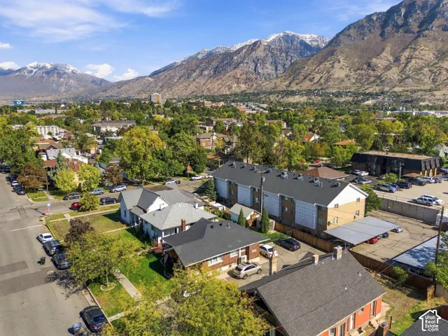 Aerial perspective featuring residential lots, mature trees, and prominent mountain backdrop