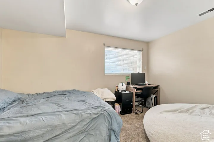 Neutral wall finish, beige carpeting, single-pane window with integrated horizontal blinds, and flush-mount ceiling light fixture