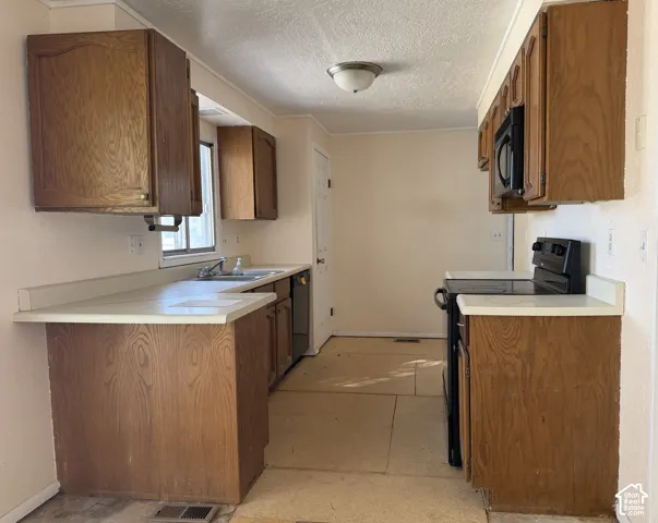 Kitchen featuring wood cabinetry, solid-surface countertops, dual-basin stainless steel sink, and built-in microwave