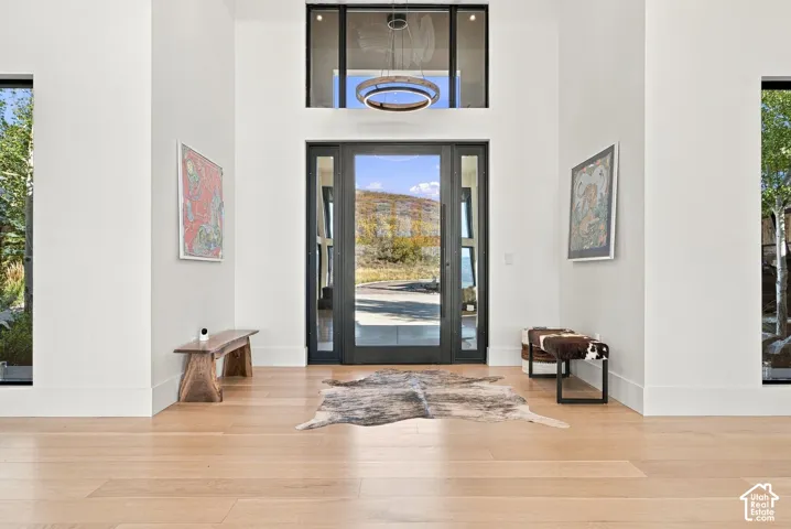 Grand entryway featuring double-height ceilings, a floor-to-ceiling glass-paneled front door with flanking sidelights, a large transom window, and wide-plank wood-finish flooring