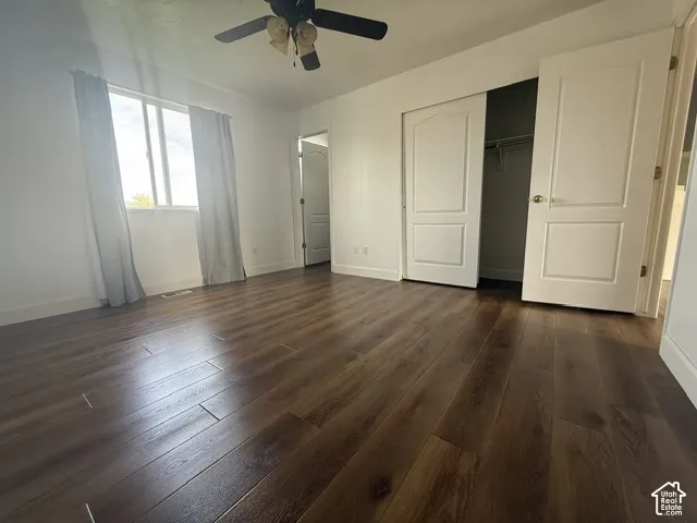 Interior space featuring wood-finish flooring, two-panel interior doors, recessed closet storage, and a ceiling-mounted light fixture with fan