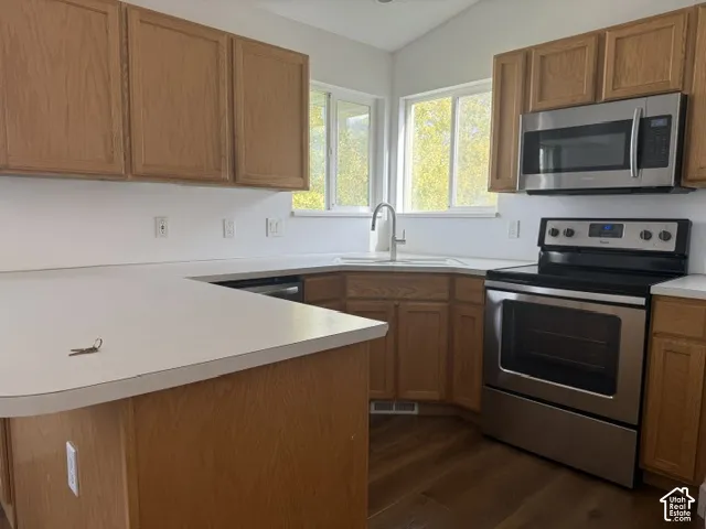 Kitchen featuring wood cabinetry, stainless steel appliances, corner sink with gooseneck faucet, solid-surface countertops, and wood-finish flooring