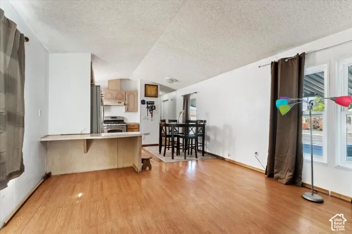 Open-concept interior featuring wood-finish flooring, a built-in peninsula counter, light-colored cabinetry, and multiple windows