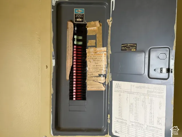 Wall-mounted electrical service panel with metal enclosure and labeled circuit breaker configuration