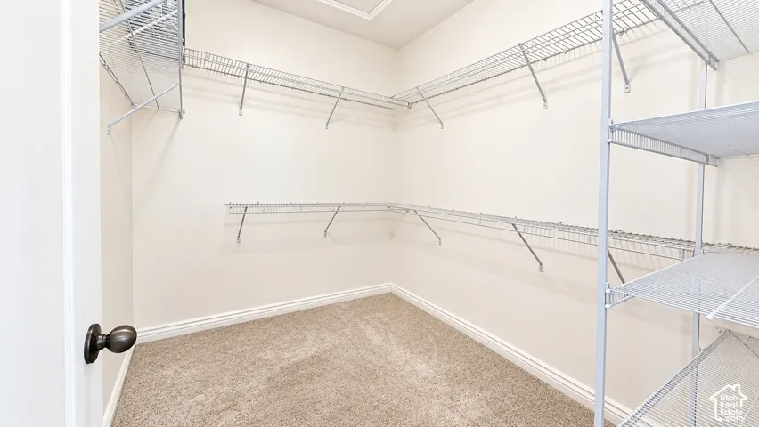 Walk-in storage space featuring neutral carpeting and multi-level white wire shelving