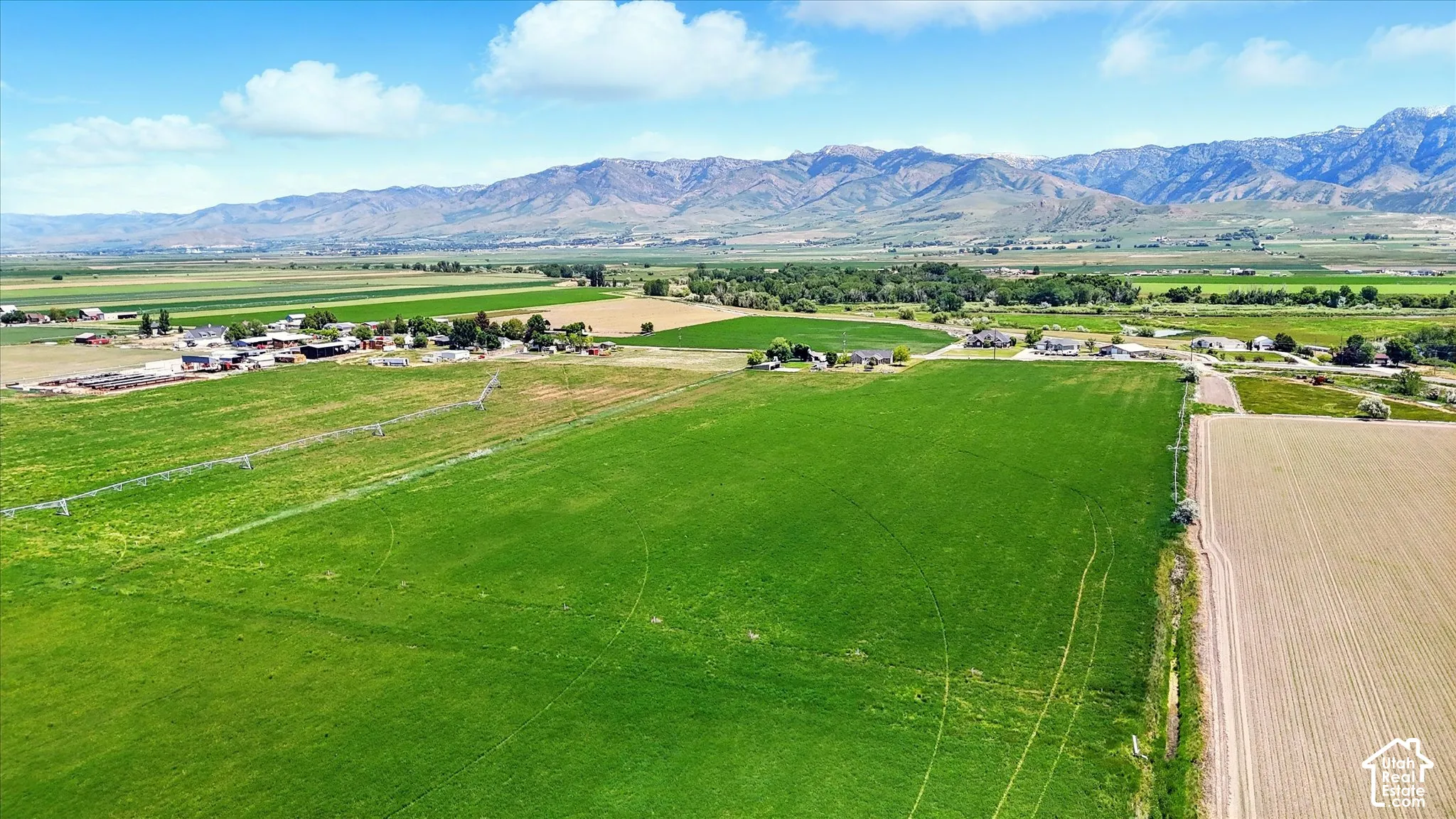 Expansive acreage featuring irrigated green pastures, fenced boundaries, and prominent mountain range backdrop
