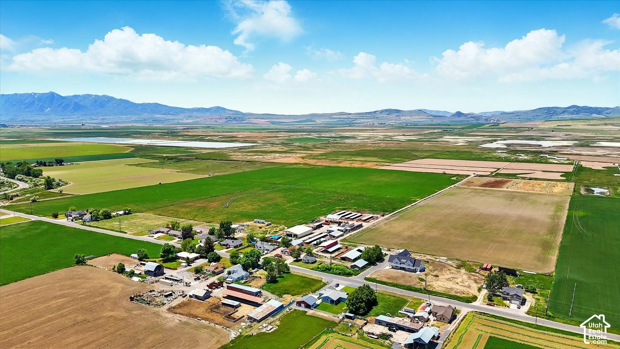 Aerial perspective featuring expansive acreage, integrated outbuildings, cultivated fields, and a prominent mountain backdrop