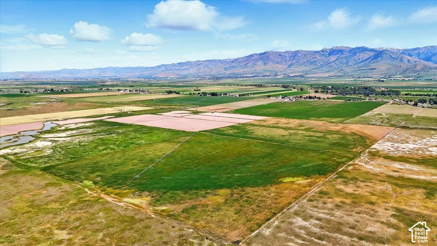 Expansive acreage featuring irrigated agricultural fields, open pasture land, and a mountain range backdrop