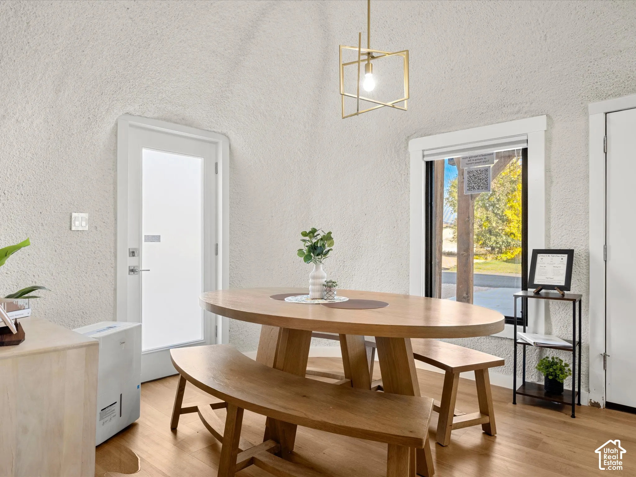 Vaulted textured walls, wood-finish flooring, gold-tone geometric pendant light, and crisp white window and door trim