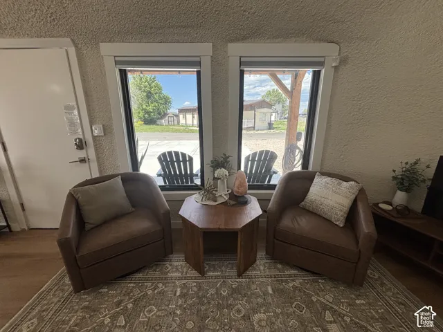 Dual windows with white trim, textured wall finish, and wood-finish flooring