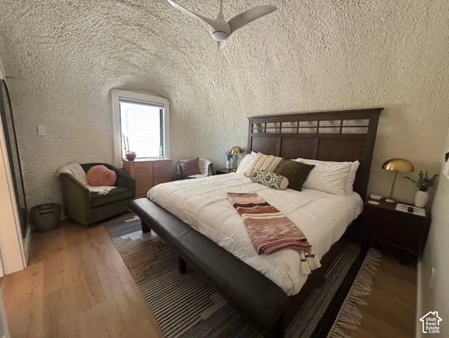Arched ceiling architecture featuring textured wall finishes, wide-plank wood-finish flooring, and a modern three-blade ceiling fan