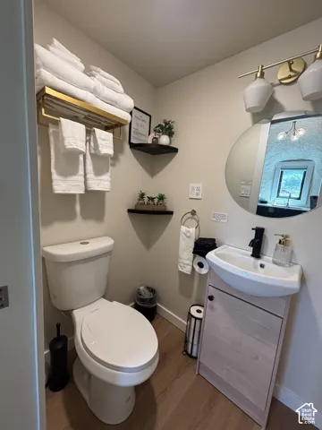 Wall-mounted storage shelf with integrated towel rack, vanity with integrated basin and matte black faucet, oval wall mirror, gold-finish vanity lighting, and wood-finish flooring