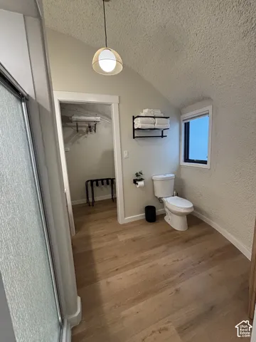 Bathroom featuring wood-finish flooring, a wall-mounted matte black towel rack, a pendant light fixture, and a built-in closet