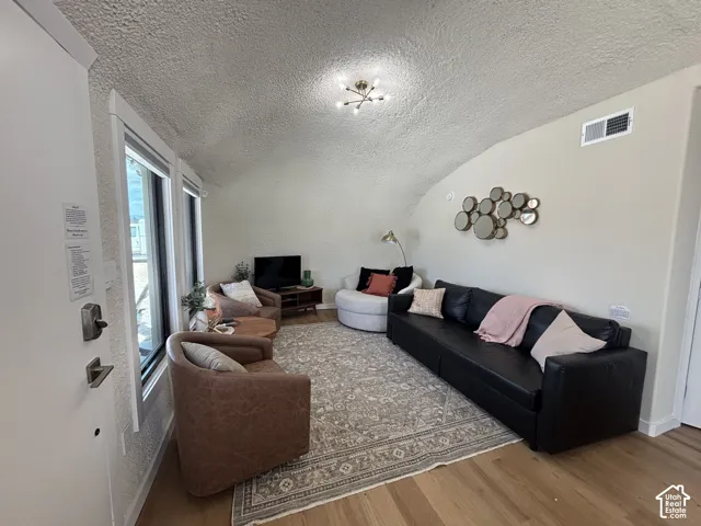 Vaulted, arched ceiling featuring a textured finish, wood-finish flooring, and modern sputnik-style flush mount lighting