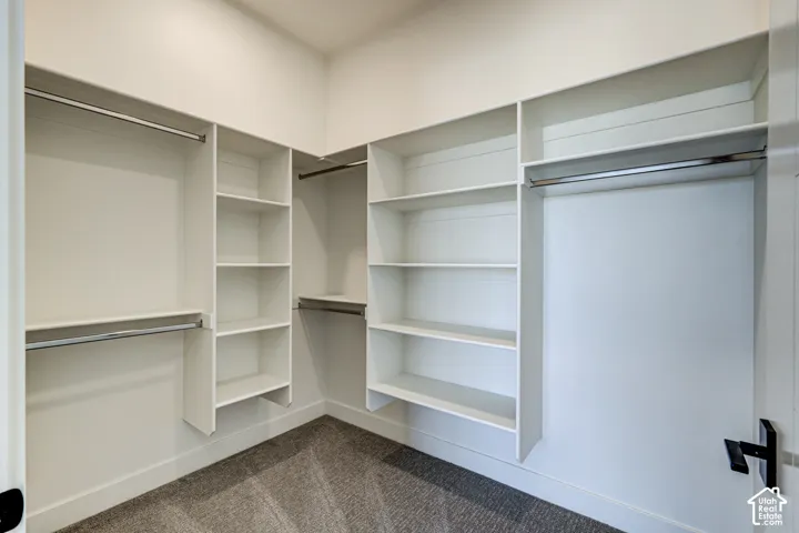 Walk-in closet featuring white custom built-in shelving, multi-level hanging rods, and grey carpeting