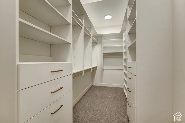 Primary Walk-in closet featuring white built-in shelving, integrated dresser drawers with metallic hardware, dual hanging rods, and neutral carpeting