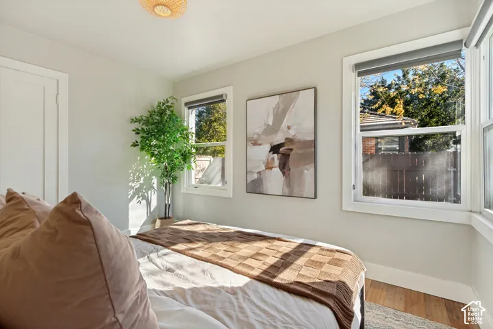 Room featuring wood-finish flooring, dual windows with roller shades, and a flush-mount woven light fixture