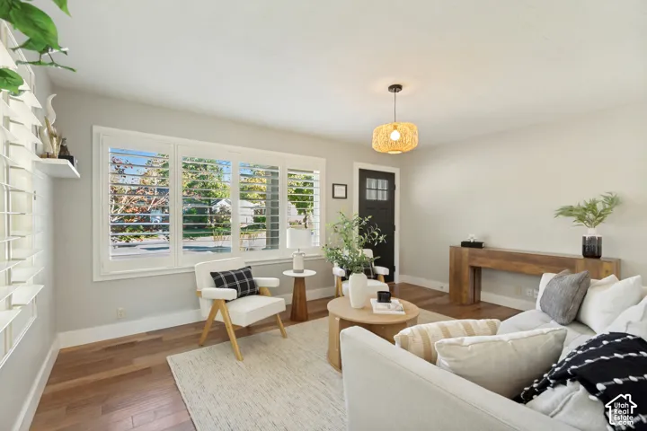 Interior space featuring wood-finish flooring, white plantation shutters, neutral wall tones, and a hanging woven pendant light fixture