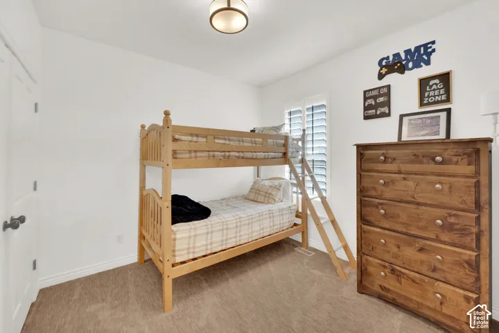 Room interior featuring neutral carpeting, white walls, adjustable window shutters, and a ceiling-mounted flush-mount light fixture