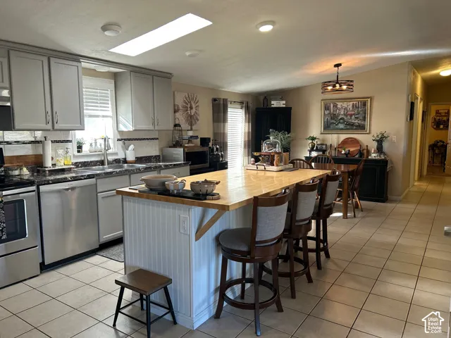 Big kitchen featuring gray cabinetry, stainless steel appliances, a center island  loads of cooking space, skylight .