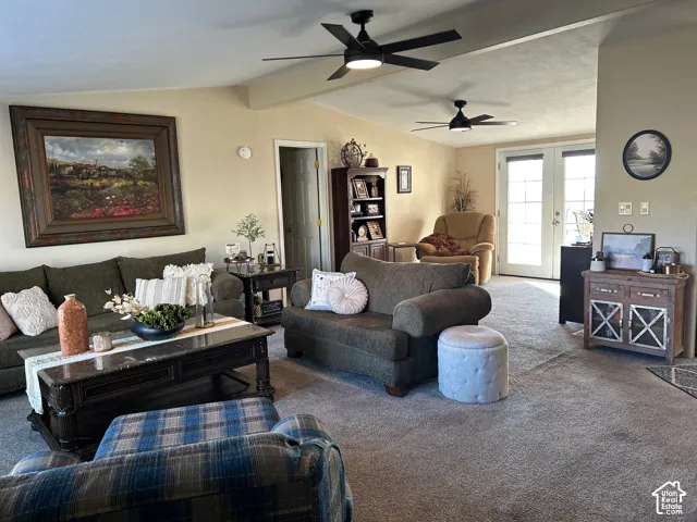 Main floor living room with fireplace.